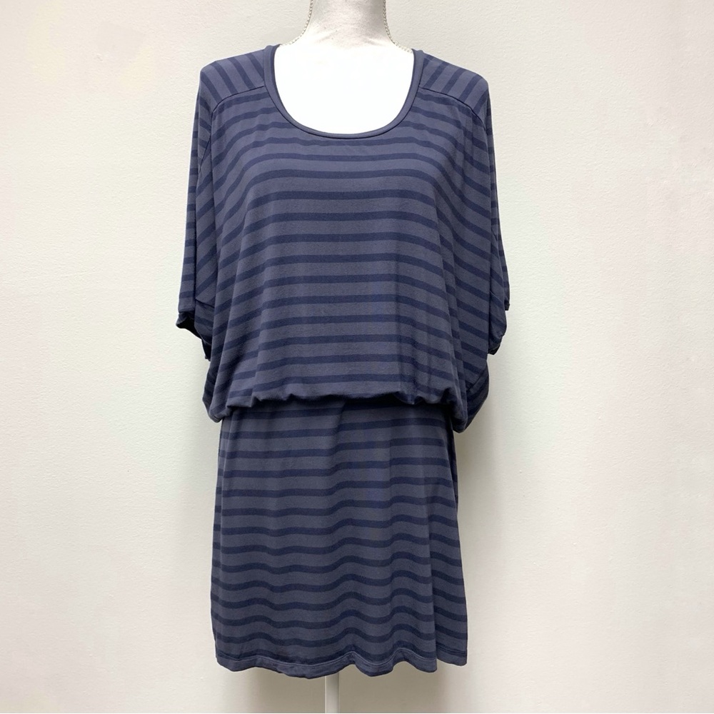 Nau Repose Striped Blouson Dress Size Medium Blue Micromodal Jersey Short Sleeve